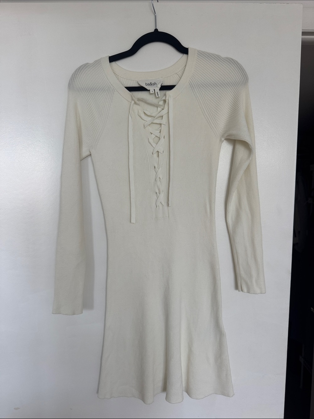 ba&sh Cream Lace-Up Ribbed Long Sleeve Dress